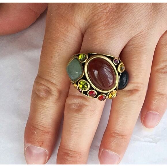 Heidi Daus Cocktail Ring Carnelian Green Orange Crystal Bronze Size 8.5 Multi - Picture 1 of 9
